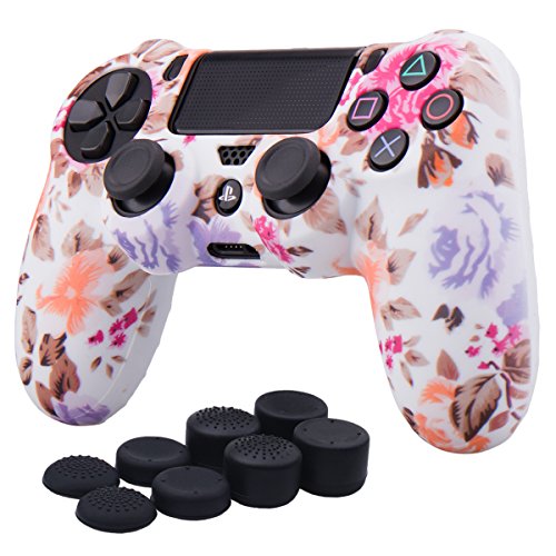 YoRHa Transferencia de agua camuflaje de impresión silicona caso piel Fundas protectores cubierta para Sony PS4/slim/Pro Mando x 1 (Flores) Con PRO los puños pulgar thumb gripsx 8