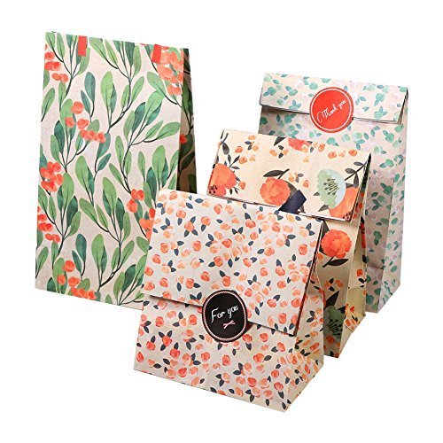 Yosoo 12 Bolsas de Papel Kraft Bolso del Regalo de la Galleta con el patrón de Flores Etiqueta de Estilo Coreano de Embalaje para Aniversario de Boda 13 x 8 x 23 cm (4 diseños, 3 Bolsas por diseño)
