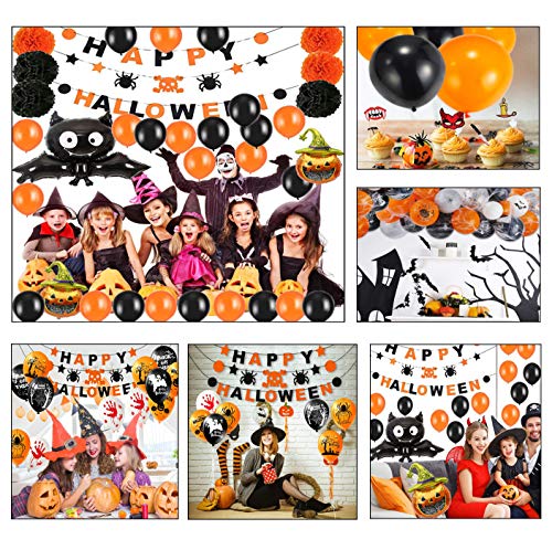 YOUYIKE Decoración de fiesta de Halloween Set Happy Halloween Balloons Banner, Bat, Pumpkin Ghost Foil balloon Black Orange Globo de látex para Halloween Bar Suministros de decoración del hogar