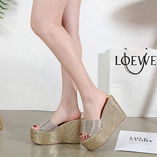 ypyrhh Cuña de tacón Medio para Mujer,Sandalias de Plataforma de tacón de cuña con Boca de pez,Zapatillas de bizcocho-Dorado_35,Zapato de Piscina Beach Slide