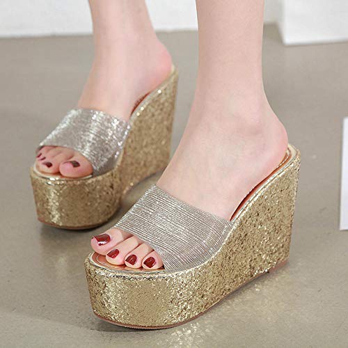 ypyrhh Cuña de tacón Medio para Mujer,Sandalias de Plataforma de tacón de cuña con Boca de pez,Zapatillas de bizcocho-Dorado_35,Zapato de Piscina Beach Slide