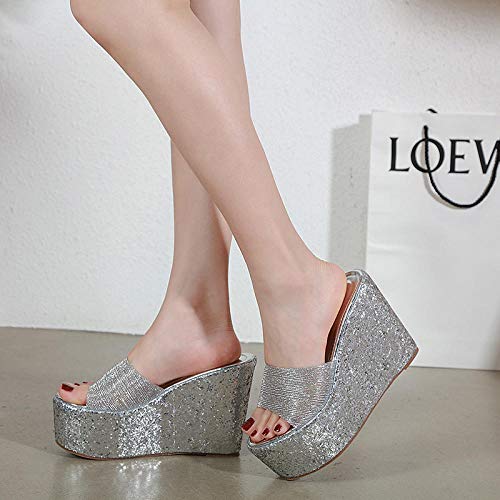 ypyrhh Cuña de tacón Medio para Mujer,Sandalias de Plataforma de tacón de cuña con Boca de pez,Zapatillas de bizcocho-Dorado_35,Zapato de Piscina Beach Slide