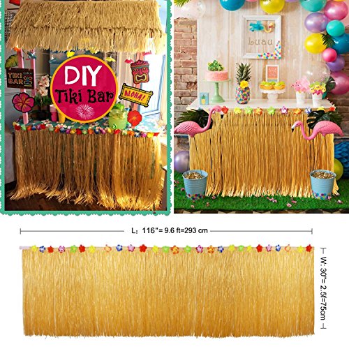 YQing 117 Piezas Hawaiano Luau Falda de mesa Set de decoración, Decoración de fiesta tropical de 9.6FT con hojas de palma Flores hawaianas decoraciones de mesa de fiesta Tiki de verano