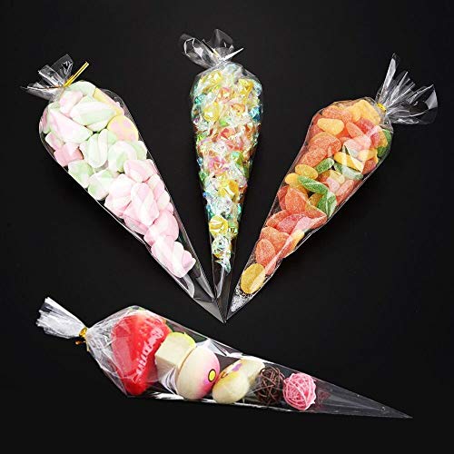 ysister Bolsas de Cono Transparentes 200 Piezas Bolsa de Regalo Bolsa de Dulces Bolsas de Celofán con Lazos para Dulces Galletas Regalos Fiestas cumpleaños 17×37cm