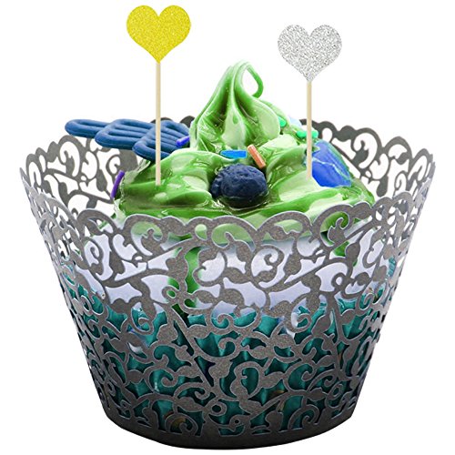 YuCool - Envoltorios para cupcakes, 100 unidades, 5 colores cortados con láser, filigrana para magdalenas y cupcakes + 30 piezas de palos de decoración en forma de corazón (multicolor)