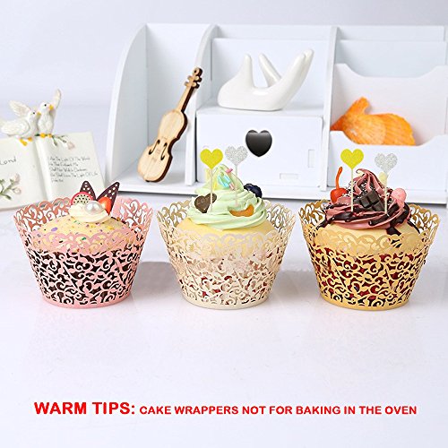 YuCool - Envoltorios para cupcakes, 100 unidades, 5 colores cortados con láser, filigrana para magdalenas y cupcakes + 30 piezas de palos de decoración en forma de corazón (multicolor)