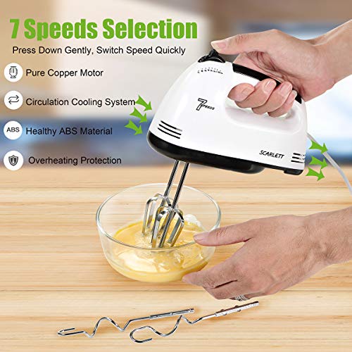 Yuemizi - batidora reposteria 7 velocidades (potencia máxima de 180 W) para pasteles, huevos, crema de huevo, batidor de alimentos, 2 batidores, 2 ganchos para masa, 1 separador de huevos, 1 espátula