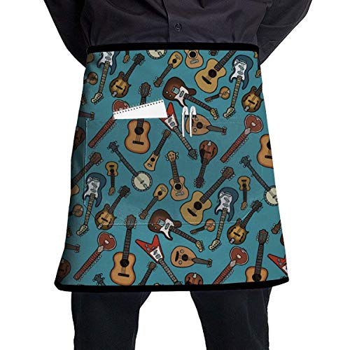 yuiytuo Delantal de Cocina Kitchen Waist Apron Guitar Music Instrument Restaurant Half Aprons Men Women Chef Baker Servers Waitress Waiter Bartender Craftsmen and Money Apron Check Holder