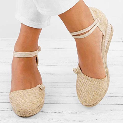 YWLINK Sandalias Mujer TamañO Grande CuñA Alpargatas Plataforma Bohemias Estilo Etnico Vintage Romanas Correa De Tobillo Transpirable Playa Fiesta De Coctel Casual Zapatos Zapatillas(Beige,34EU)