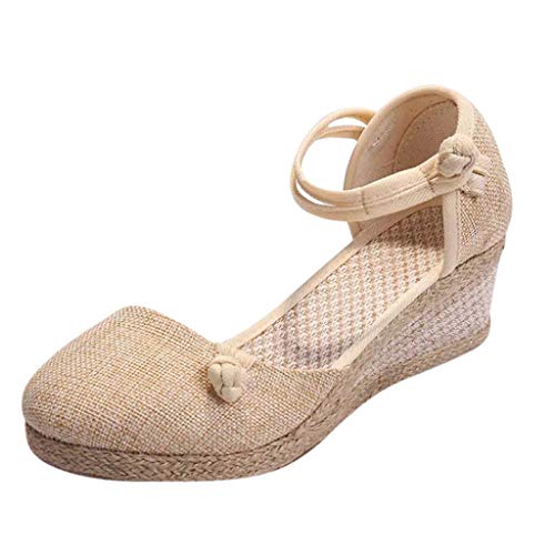 YWLINK Sandalias Mujer TamañO Grande CuñA Alpargatas Plataforma Bohemias Estilo Etnico Vintage Romanas Correa De Tobillo Transpirable Playa Fiesta De Coctel Casual Zapatos Zapatillas(Beige,34EU)