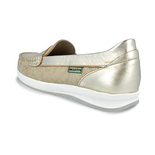 Zapato Mujer Tipo mocasín Marca PITILLOS, en Piel laminada Color Oro, Altura 2,3cm - 3933-944 (37 EU, Oro)