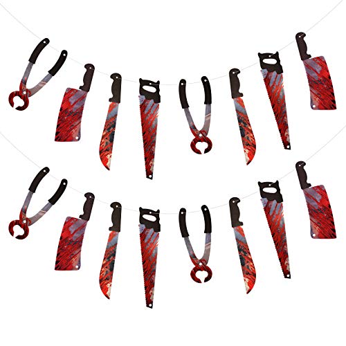 ZERHOK Decoracion Horrible 2pcs Cuchillo con Sangre Colgante Bandera Halloween sangrienta para adornar casa habitación y Patio en Halloween el día de Muertos y Fiestas agregando Ambiente macabra