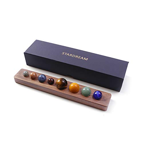 Zhi Jin - Juego de 8 Piedras Preciosas Naturales Diferentes Planetas Manualidades con Bandeja de Nogal Negro Hecha a Mano Regalo Decorativo