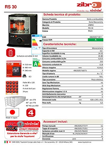 Zibro Made by Toyotomi RS-30 Estufa de Parafina de Mecha, 3000 W, Negro Inox, 480x340x310 mm