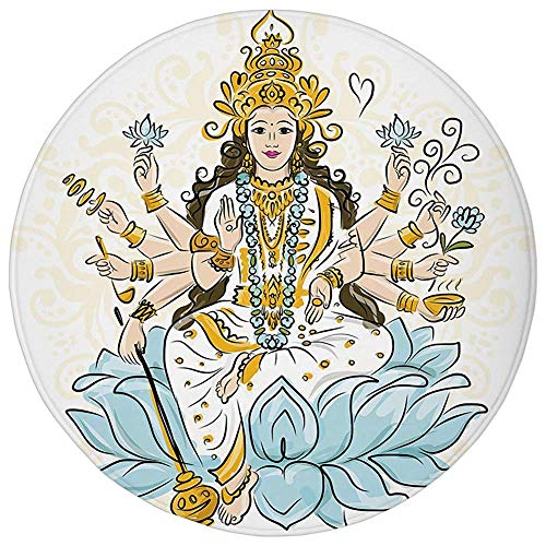 ZMYGH Round Rug Mat Carpet,Ethnic,Sketch of Figure with Lotus Flowers Blessing Asian Culture Artwork,Light Blue Marigold White,Flannel Microfiber Non-Slip Soft Absorbent,for Kitchen Floor Bathroom