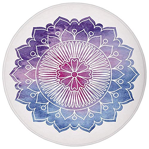 ZMYGH Round Rug Mat Carpet,Lotus,Doodle Style Watercolor Flower Bloom Secret Ethnic Lifestyle Pattern,Violet Blue Fuchsia Purple,Flannel Microfiber Non-Slip Soft Absorbent,for Kitchen Floor Bathroom