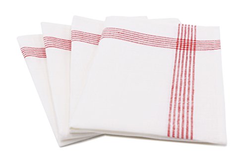 ZOLLNER 4 paños de Cocina de Lino 100%, 50x70 cm, Blancos con Rayas Rojas