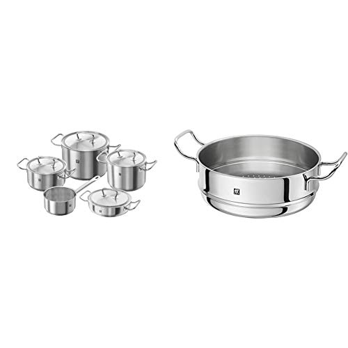 Zwilling Twin Classic - Batería de cocina, 5 piezas, Acero inoxidable + 40992 – 924 – 0 Plus – Colador para cocer al vapor acero inoxidable acero inoxidable brillante 24 cm