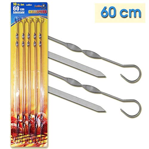 10 Brochetas de kebab de shish 1,5 mm. Acero inoxidable 60cm. Schampura Pinchos para barbacoa Brochetas de carne también para Mangal