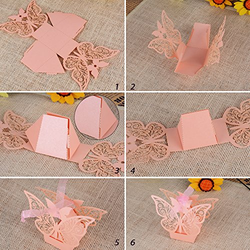 100 pcs Cajas Cajitas Papel de Caramelo Dulces Bombones Regalos Recuerdos Detalles de Boda Fiesta Bautizo Cumpleaños Graduación para Invitados Mariposa con Cintas (Rosa)