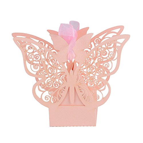 100 pcs Cajas Cajitas Papel de Caramelo Dulces Bombones Regalos Recuerdos Detalles de Boda Fiesta Bautizo Cumpleaños Graduación para Invitados Mariposa con Cintas (Rosa)