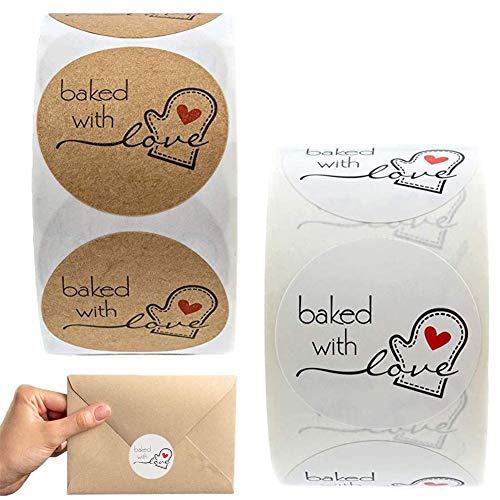 1000PCS Pegatinas de 'baked with love' Redondo Adhesivo Galletas Bolsa Cumpleaños Boda Día de Acción de Gracias Bolsa Regalos Artesanía rollo para regalos hechos en casa 1 pulgada