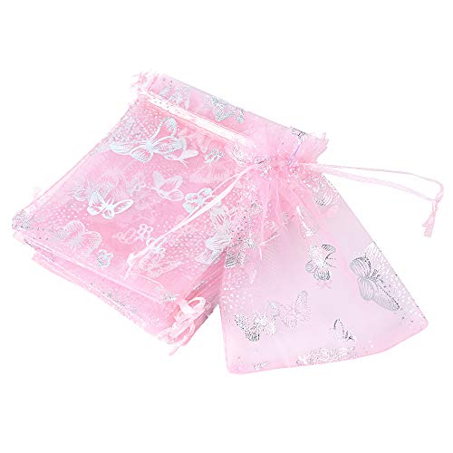 100pcs Bolsas Bolsitas Organza Mariposas 9x12 cm Saquitos Arroz Regalo Joyas Caramelo Dulces Recuerdo Favores Detalles para Boda Fiesta Navidad Bautizo con Cintas (Rosa)