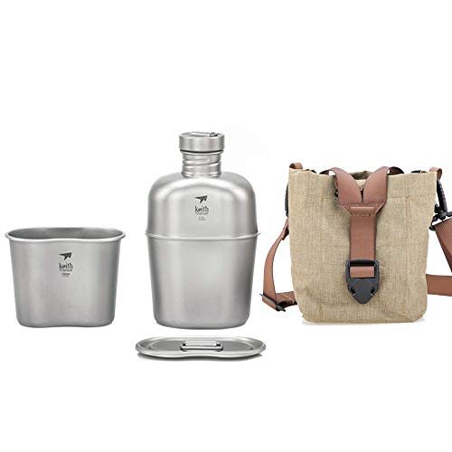 1100 ml + 700 ml Ultraligero hervidor de agua militar de titanio con correa de hombro ajustable, portátil, gran capacidad para camping para exteriores con bolsa
