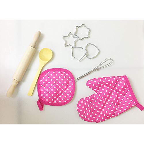 11pcs / pack chef de cocina Conjunto de niños Juegos de rol traje del cocinero con el delantal del cocinero Sombrero Utensilios de Cocina Mitt (rosa)