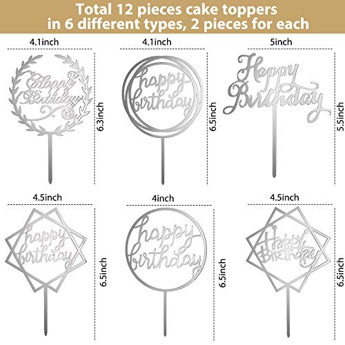 12 Piezas Topper de Pastel de Happy Birthday Topper de Magdalena de Cumpleraños Acrílico Decoraciones de Palo de Pastel para Fiesta Cumpleaños, 6 Estilos (Plata)