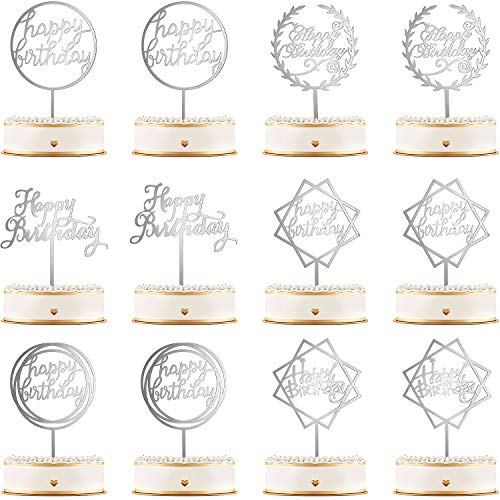 12 Piezas Topper de Pastel de Happy Birthday Topper de Magdalena de Cumpleraños Acrílico Decoraciones de Palo de Pastel para Fiesta Cumpleaños, 6 Estilos (Plata)