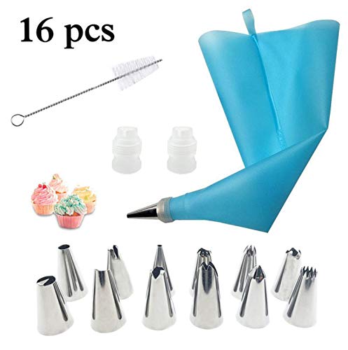 16 piezas Juego de decoración de pasteles, 12 boquillas, 1 Bolsillo para repostería, 2 acoplador,1 cepillo, DIY Kits para decoración de Tartas