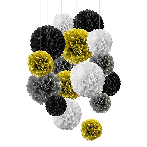 16 pompones de papel para decoración de pared, techo y cubículo, color blanco, negro y dorado