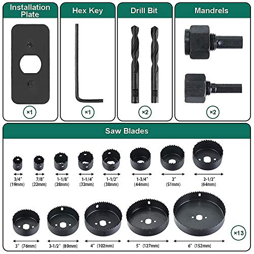 19PCS Coronas Perforadoras, HYCHIKA Sierras Perforadoras 13 Discos: 19 mm-152 mm Coronas Taladros, Corte Duradero y de Alta Velocidad, Perforar en Madera, PVC y Plástico