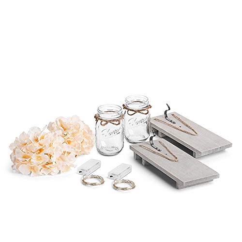 2 Mason jar de apliques de pared rústicos , Decoración de madera rústica vintage para el hogar, ganchos de hierro forjado, hortensias de seda y luces de tira LED para la decoración del hogar (Beige)