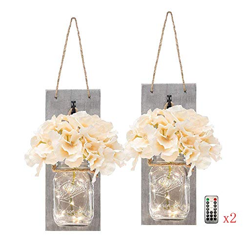 2 Mason jar de apliques de pared rústicos , Decoración de madera rústica vintage para el hogar, ganchos de hierro forjado, hortensias de seda y luces de tira LED para la decoración del hogar (Beige)