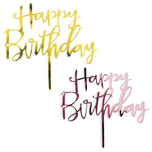 2 Piezas Happy Birthday Cake Toppers, Decoración para Tartas de cumpleaños, Happy Birthday Topper Decoración Toppers para Cumpleaños Baby Shower Fiesta Temática Party Decoration(oro, rosa)
