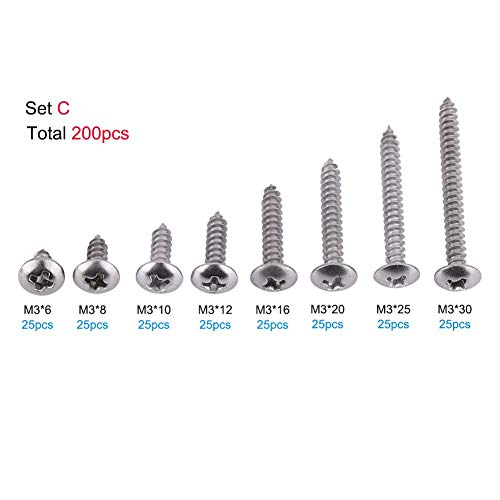 200 pcs M3 Tornillos Autorroscantes 304 Acero Inoxidable Cabeza de Cacerola Tornillos Autoperforantes Surtido Kit(Cabeza de braguero)