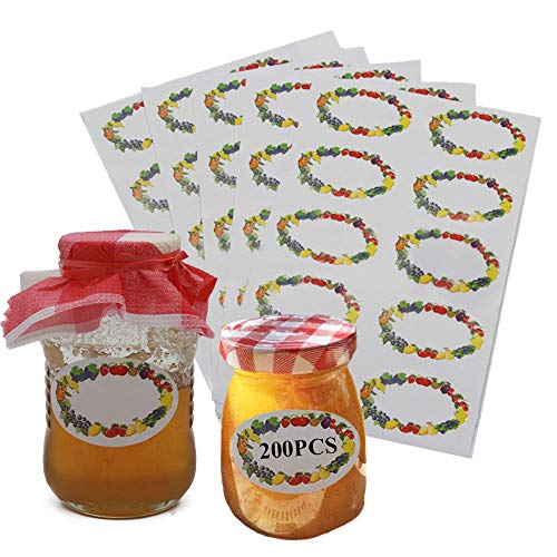 200 Piezas Etiquetas de Mermelada Autoadhesivas Pegatinas Decorativas de Frutas para Botellas Botes Frascos Tarros de Mermelada Compotas Especias Conservas