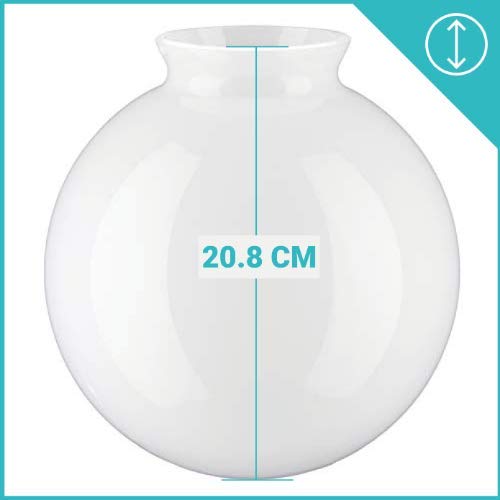 20cm Diámetro Pantalla de Lámpara esférica de Vidrio Blanco con achaflanar cuello. Ancho exterior del cuello: 10.5cm, Agujero: 8.2cm Diámetro, Altura: 20cm, Circunferencia: 63cm.