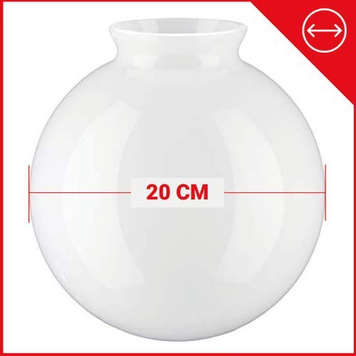20cm Diámetro Pantalla de Lámpara esférica de Vidrio Blanco con achaflanar cuello. Ancho exterior del cuello: 10.5cm, Agujero: 8.2cm Diámetro, Altura: 20cm, Circunferencia: 63cm.