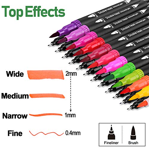 24 Colores con Rotuladores Doble Punta Pincel, Rotuladores Acuarelables Marcadores para Adultos Lettering, Bullet Journal, Caligrafía, Libros para Colorear, Punta Pincel [1-2 mm] y Punta Fina[0.4 mm]