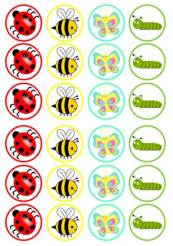 24 Insectos, Abeja, Mariquita, Caterpillar, Mariposa precortada, Adornos comestibles para Cupcakes – oblea Tarjeta Disco decoración para Tartas Stand UP