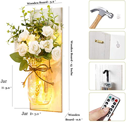 2Pcs Apliques De La Pared Mason Jar Apliques De La Pared del Arte Hecho A Mano Colgar Diseño con Control Remoto Peonía Blanca, Granja Cocina Decoraciones De La Pared Decoración Luces,Blanco