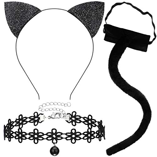 3 Piezas Conjunto de Disfraz de Gato Negro Diadema de Orejas de Gato Brillante, Cola de Gato, Gargantilla de Encaje para Mujeres Niñas Halloween Cosplay