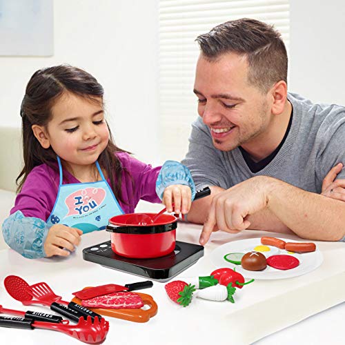 37PCS Utensilios Cocina Juguete con Delantal, Sartenes, Olla, Verduras Accesorios Cocina Juguetes Juegos de Cocinar Regalo para Niños 3 Años