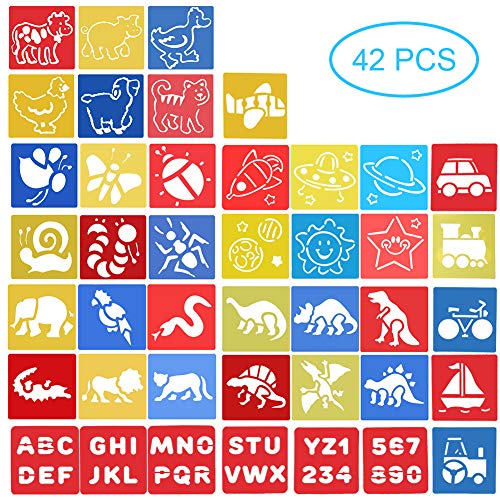 42 Piezas Plantillas para Pintar - Stencil Grandes Letras Números Animales Dinosaurios Insectos Transporte Planetas - Manualidades Juguetes para Niños Niña 3 4 5 6 Años