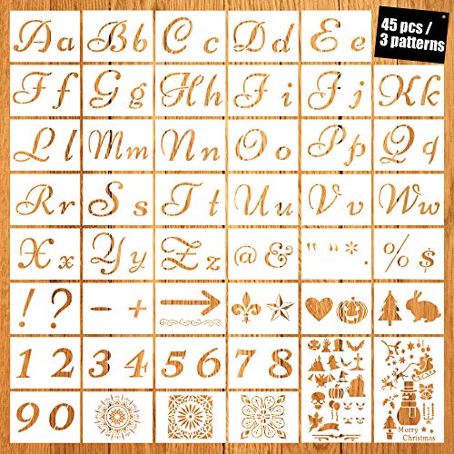 45 Piezas Plantillas de Números Letras Estarcidos de Plástico Reutilizables Plantilla de Pintura Alfabeto con Fuente de Caligrafía Letras Mayúsculas y Minúsculas para Navidad y Halloween