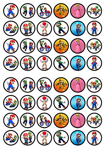 48 Super Mario Bros comestible PREMIUM de grosor edulcorados vainilla, oblea Rice Paper Cupcake Toppers/adornos