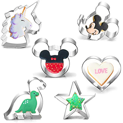 6 cortadores de galletas, diseño de corazón de dinosaurio de Mickey Mouse con forma de estrella de acero inoxidable para masa, fondant, fruta, sándwich